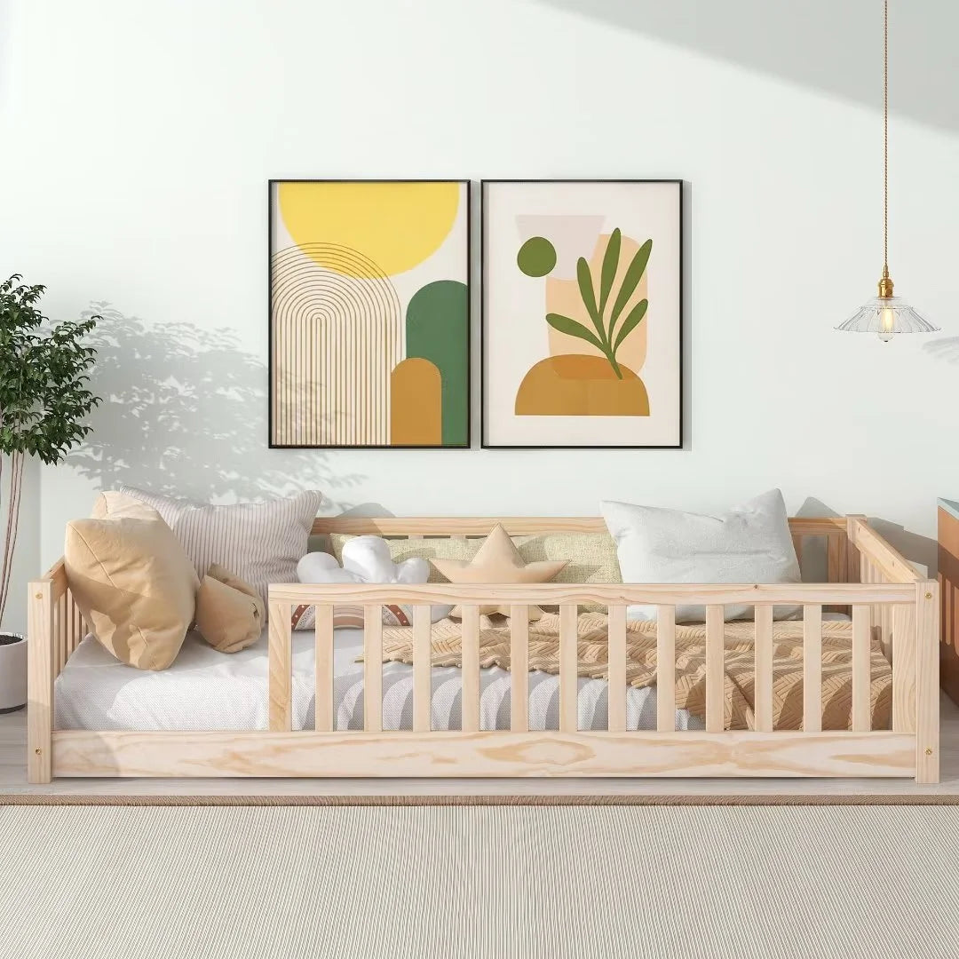 White Full Size Floor Bed with Fence Guardrails and Roof U987410