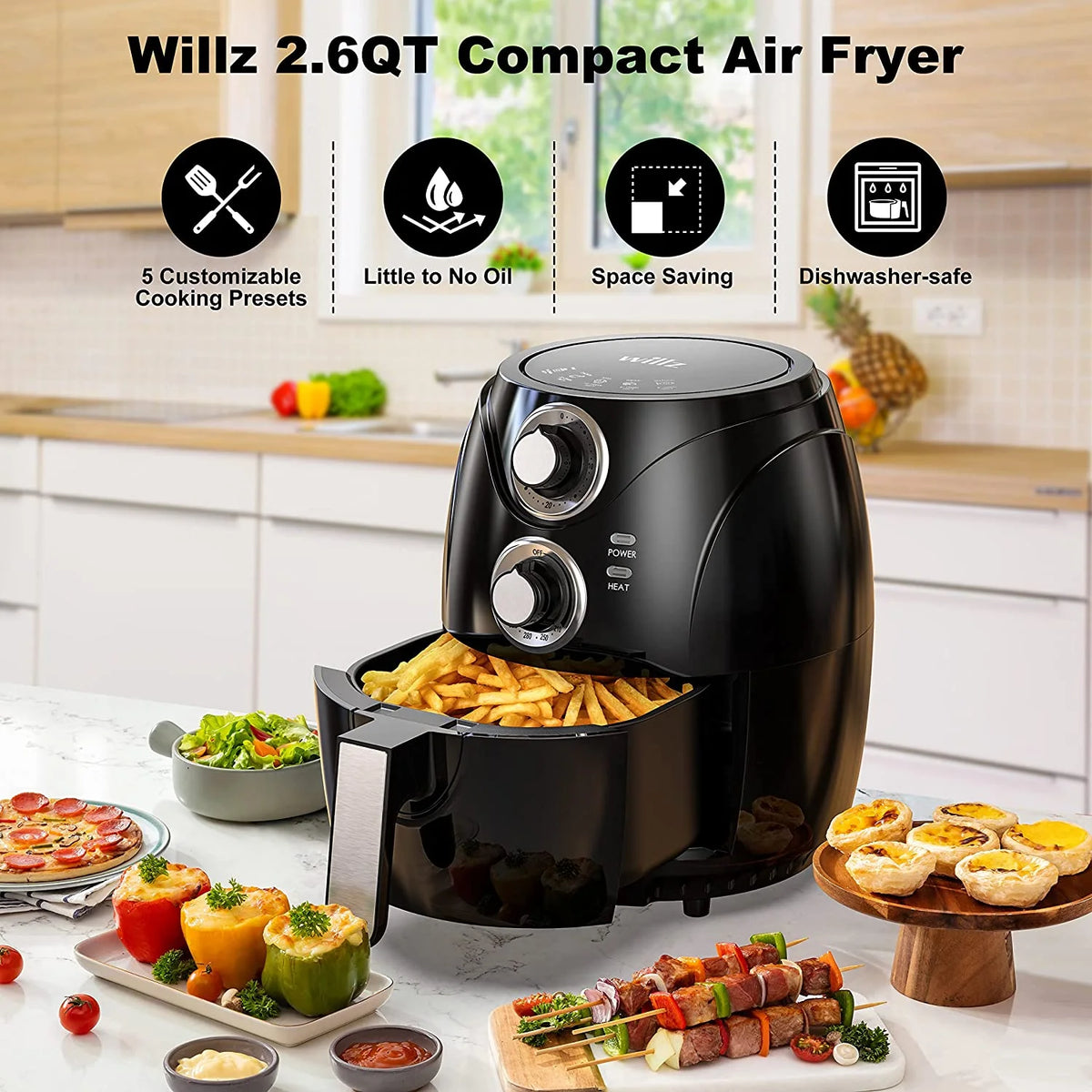Compact Electric Air Fryer, Non-Stick Basket, 2.6 Quart, 1200W, Black L49524