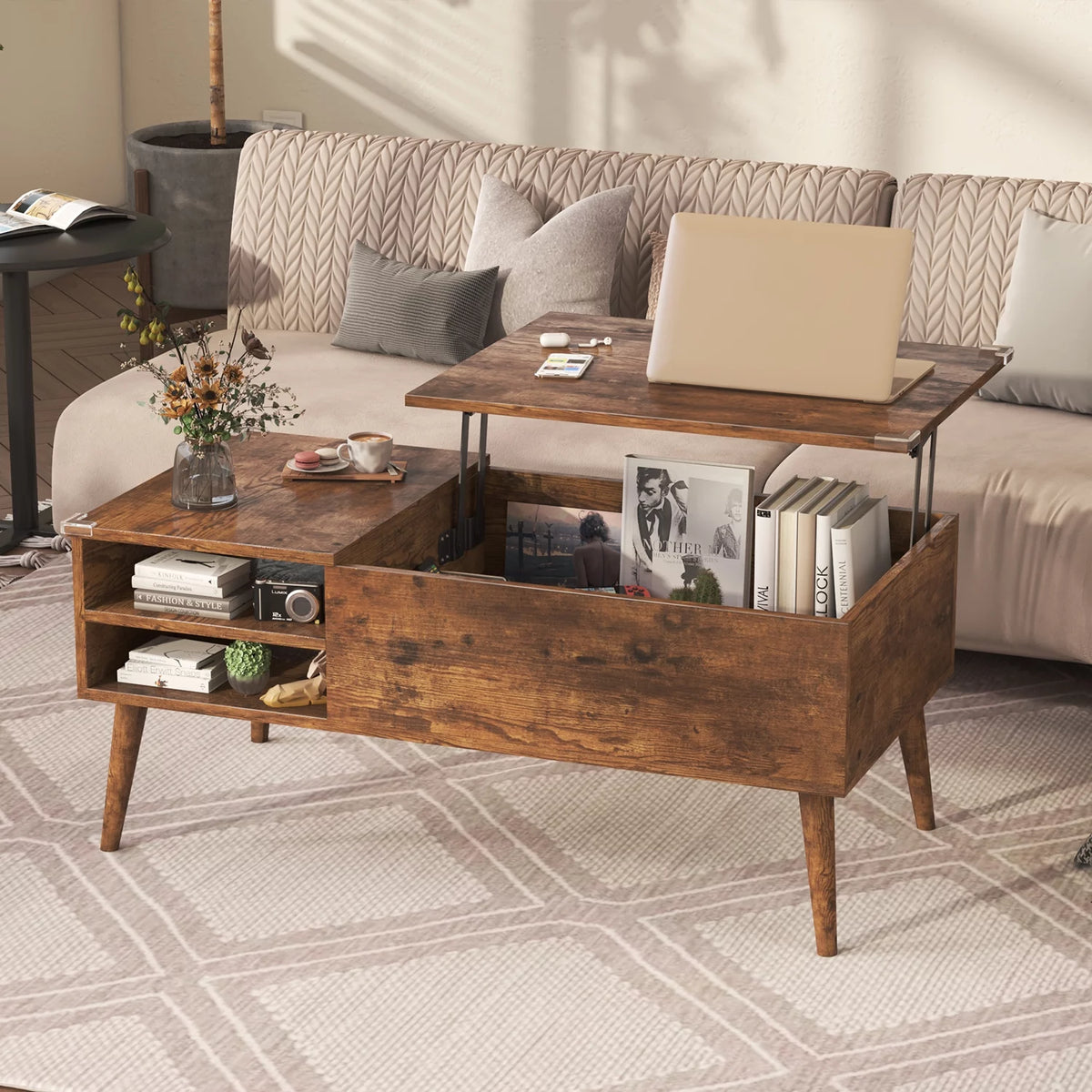 39-Inch Wood Lift Top Coffee Table with Hidden Compartment and Storage Shelf N595