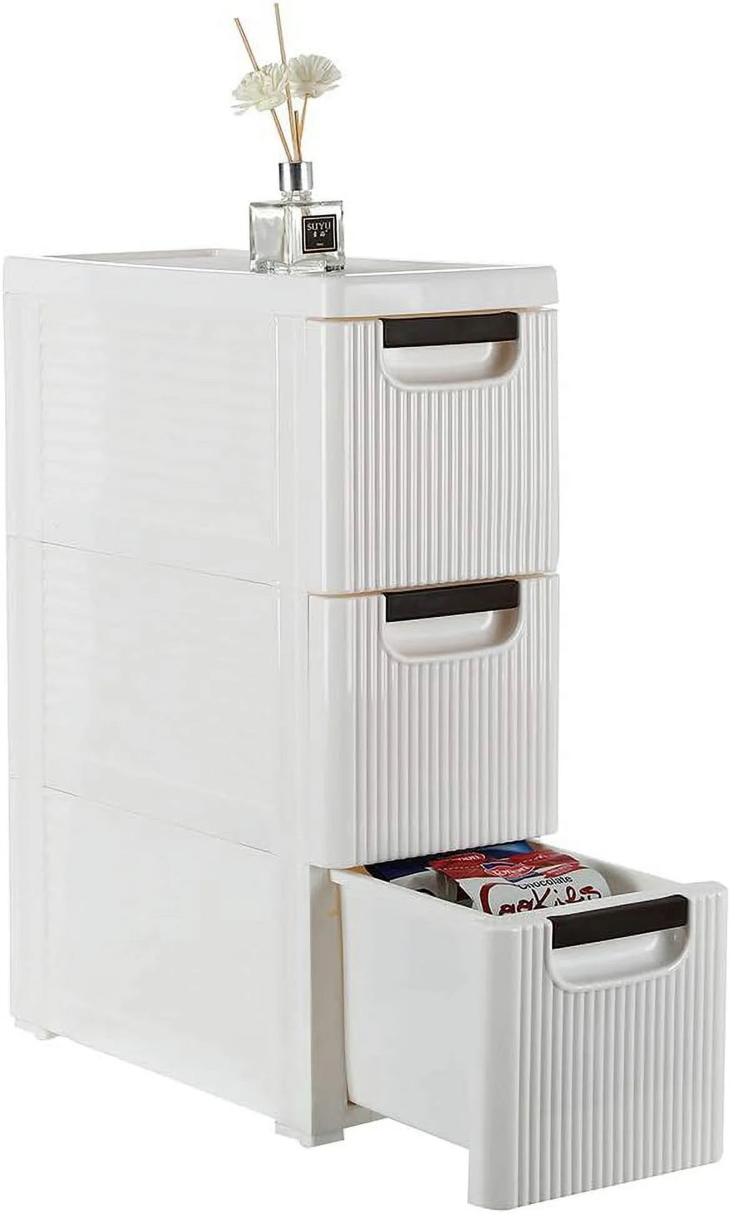 White 3-Tier Rolling Storage Cabinet with 3 Drawers O868338