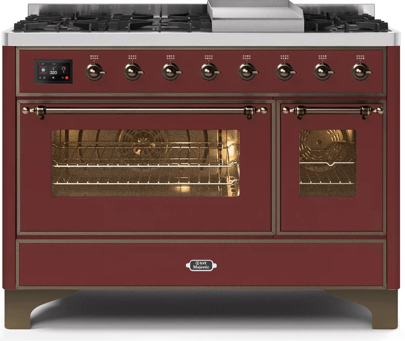 48 Dual Fuel Natural Gas Range in Burgundy with Bronze Trim P193999