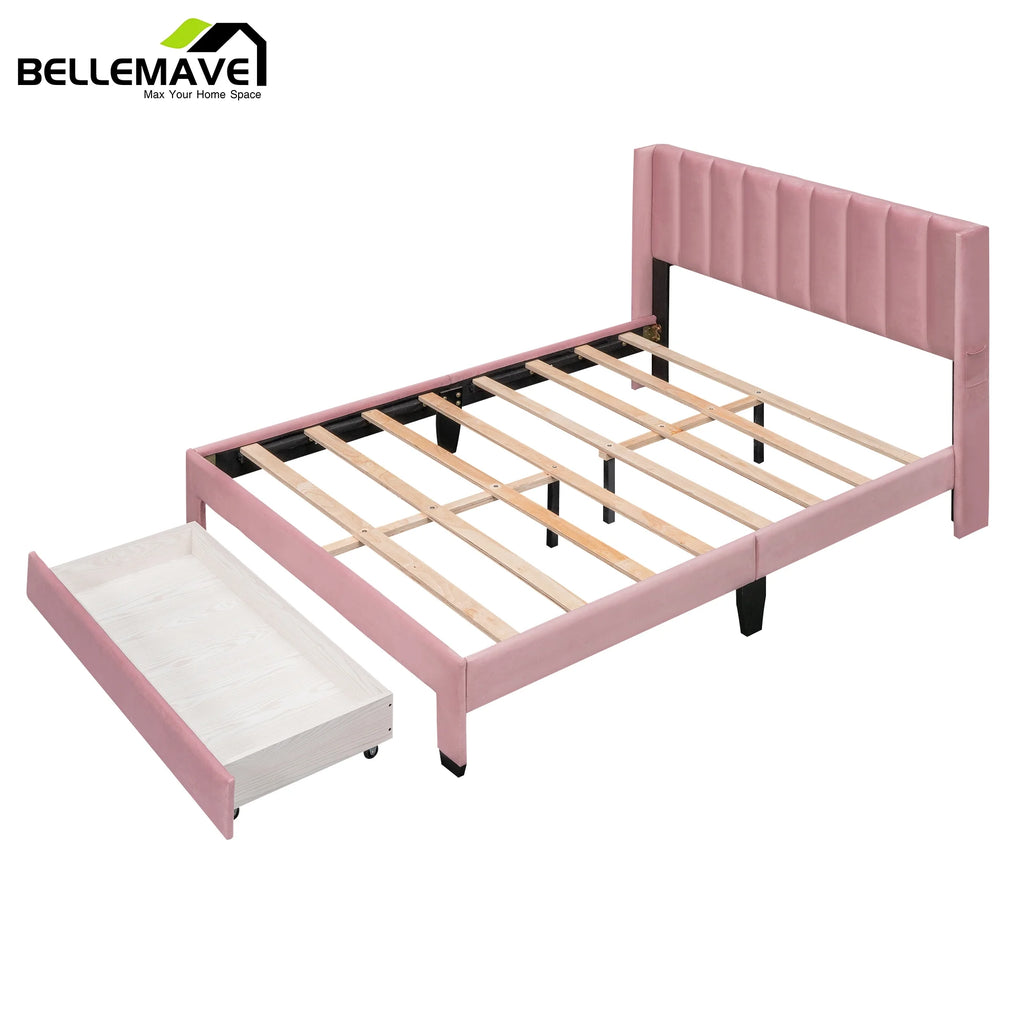 Queen Size Pink Velvet Upholstered Wood Platform Bed with Drawer W2935