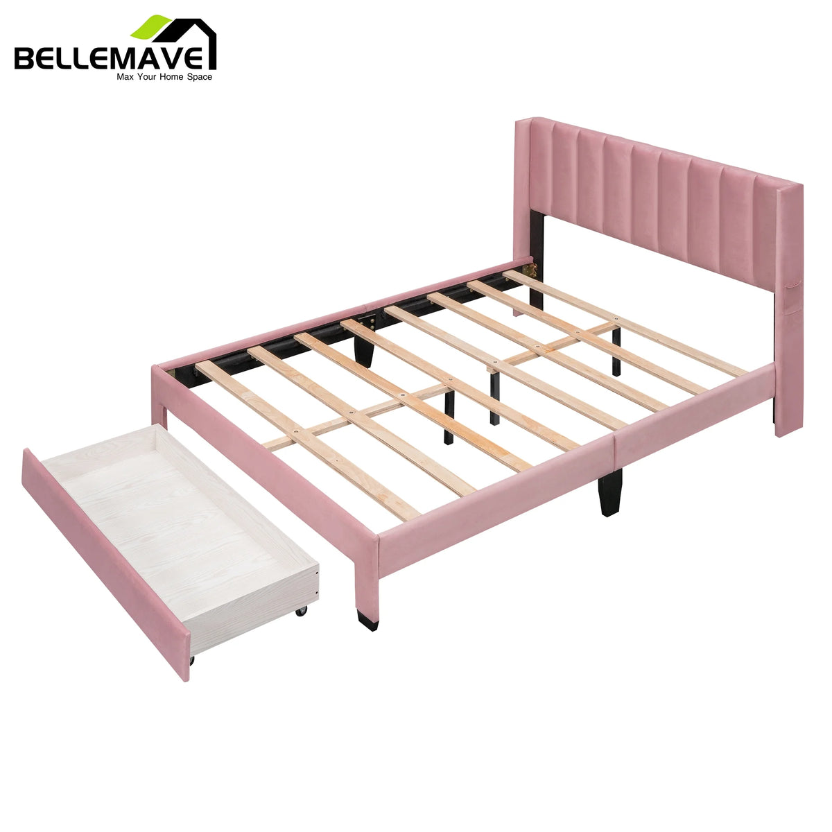 Queen Size Pink Velvet Upholstered Wood Platform Bed with Drawer W2935