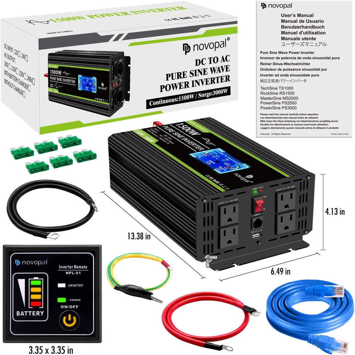 1500 watt Pure Sine Wave Power Inverter 12V to 110V/120V 4 AC Outlets N9306