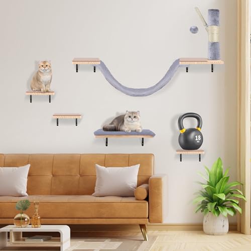 Beige Cat Wall Furniture Set with Hammock and Scratching Post W553164