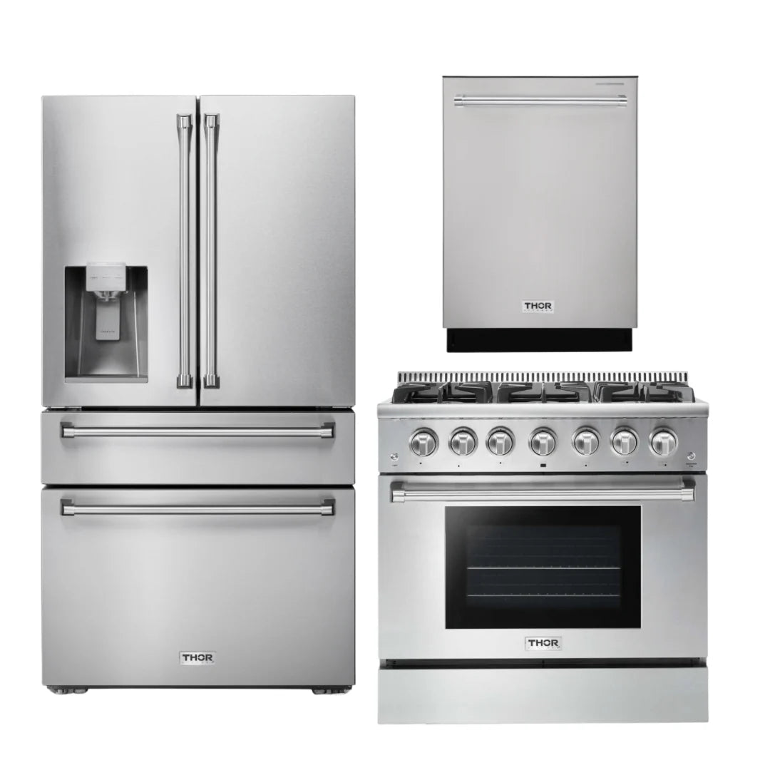 36 Propane Gas Range, Refrigerator with Water and Ice Dispenser, Dishwasher S722