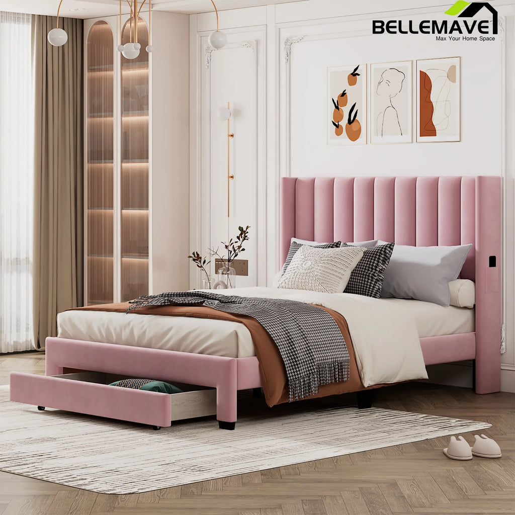 Queen Size Pink Velvet Upholstered Wood Platform Bed with Drawer W2935