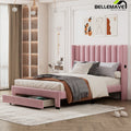 Queen Size Pink Velvet Upholstered Wood Platform Bed with Drawer W2935
