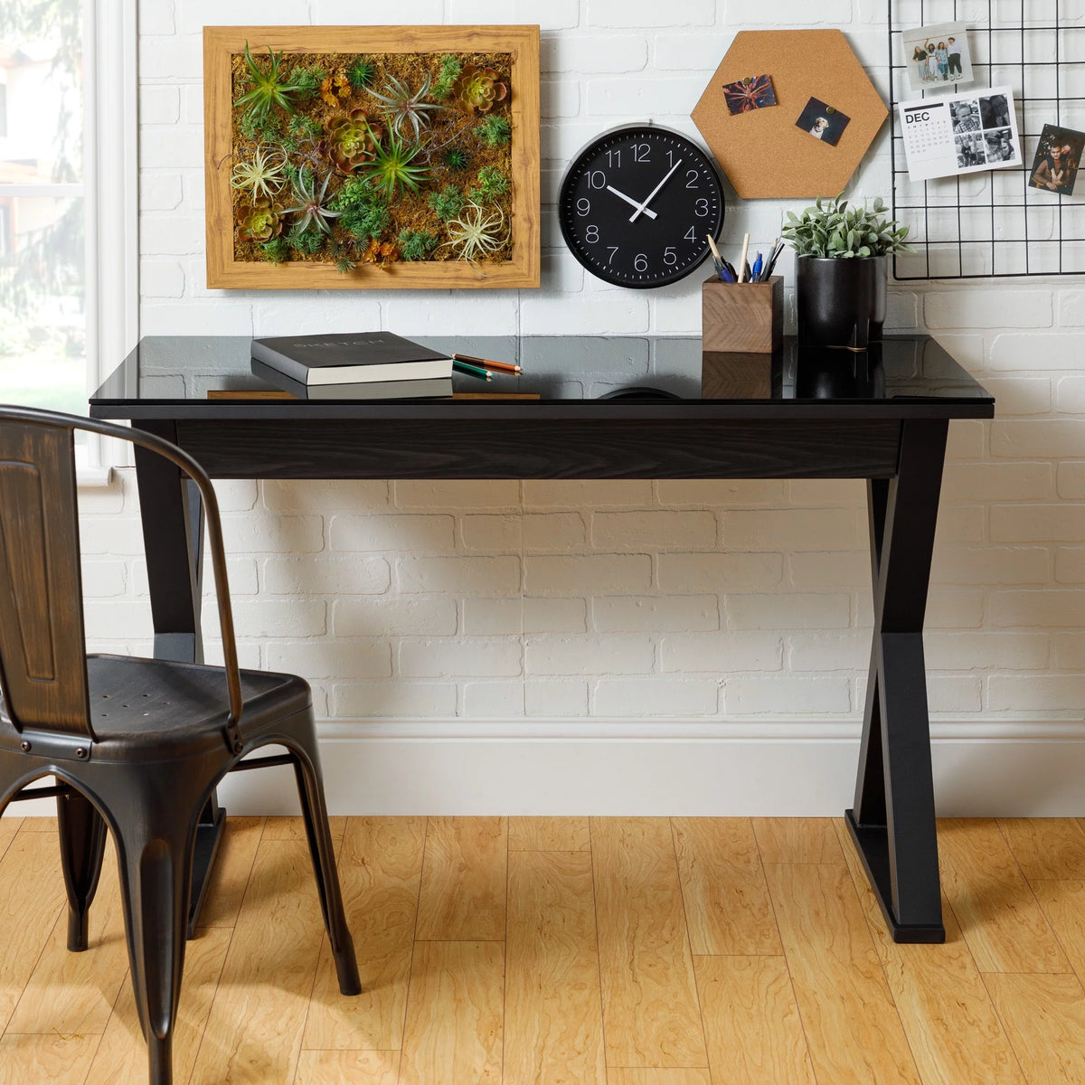 Black Glass Top Wood Computer Desk B12684