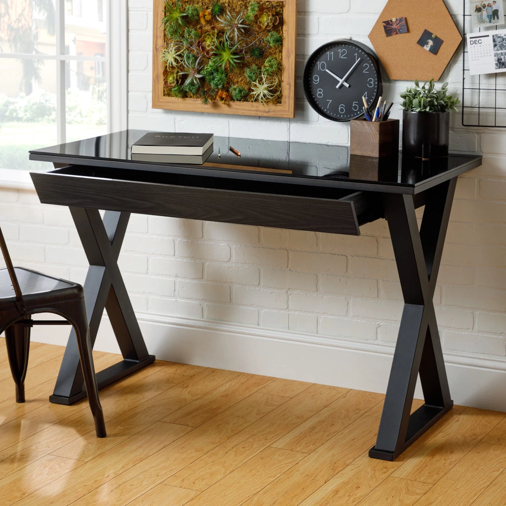 Black Glass Top Wood Computer Desk B12684