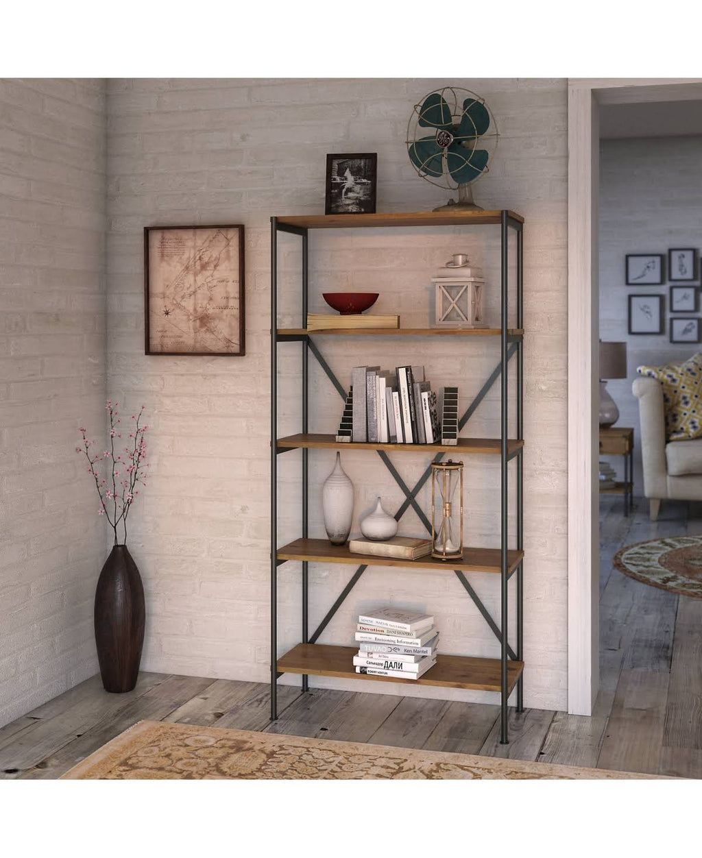 Vintage Golden Pine 5 Shelf Etagere Bookcase K96666