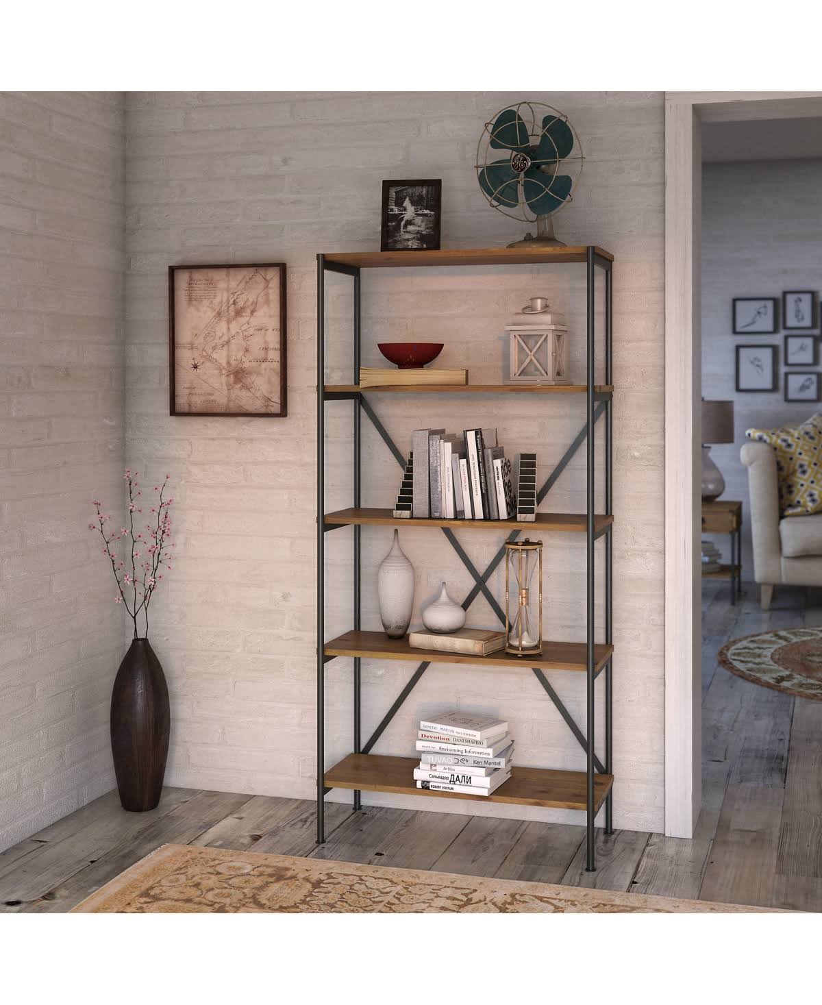 Vintage Golden Pine 5 Shelf Etagere Bookcase K96666
