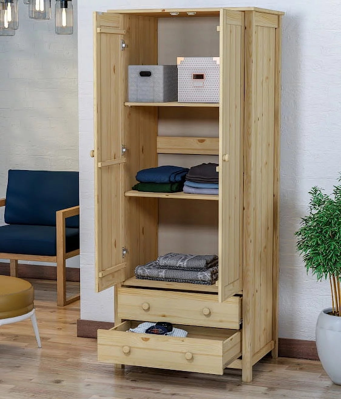 Unfinished Wood Wardrobe Closet with 2 Doors and 2 Drawers A9340