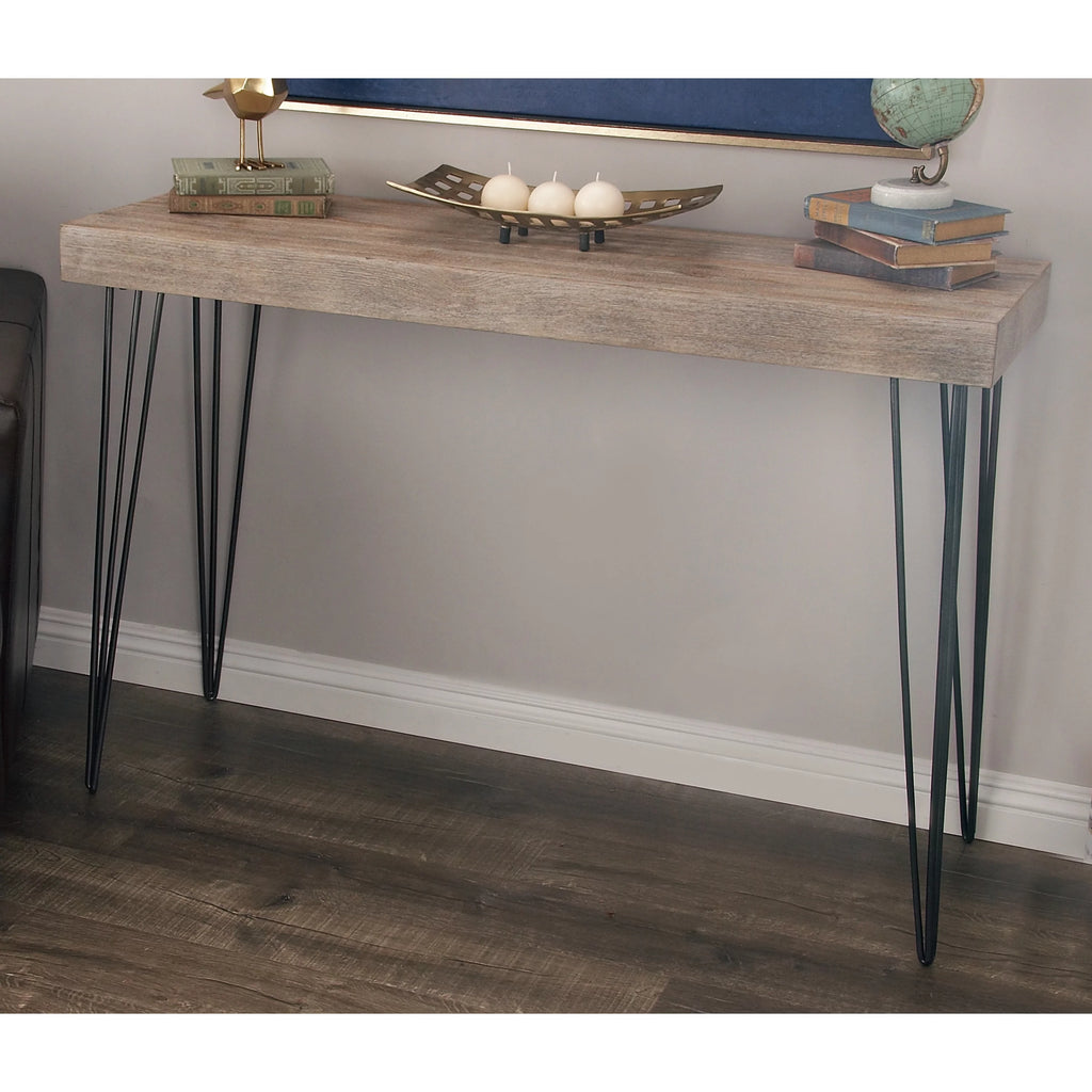 Brown Wood Console Table with Black Metal Hairpin Legs A8589