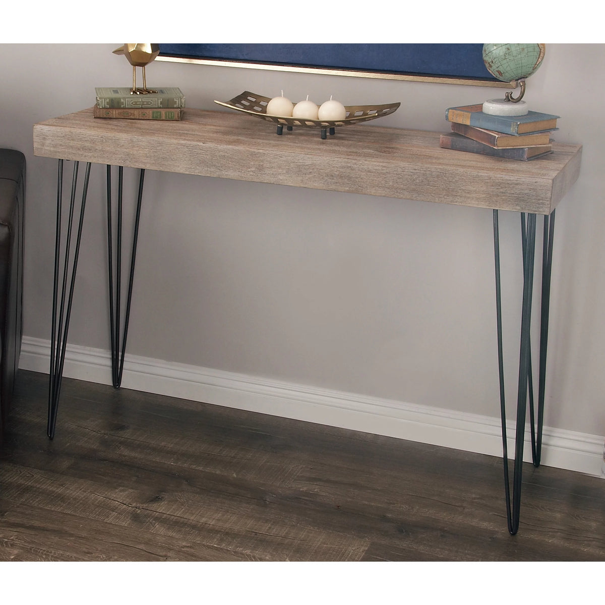 Brown Wood Console Table with Black Metal Hairpin Legs A8589