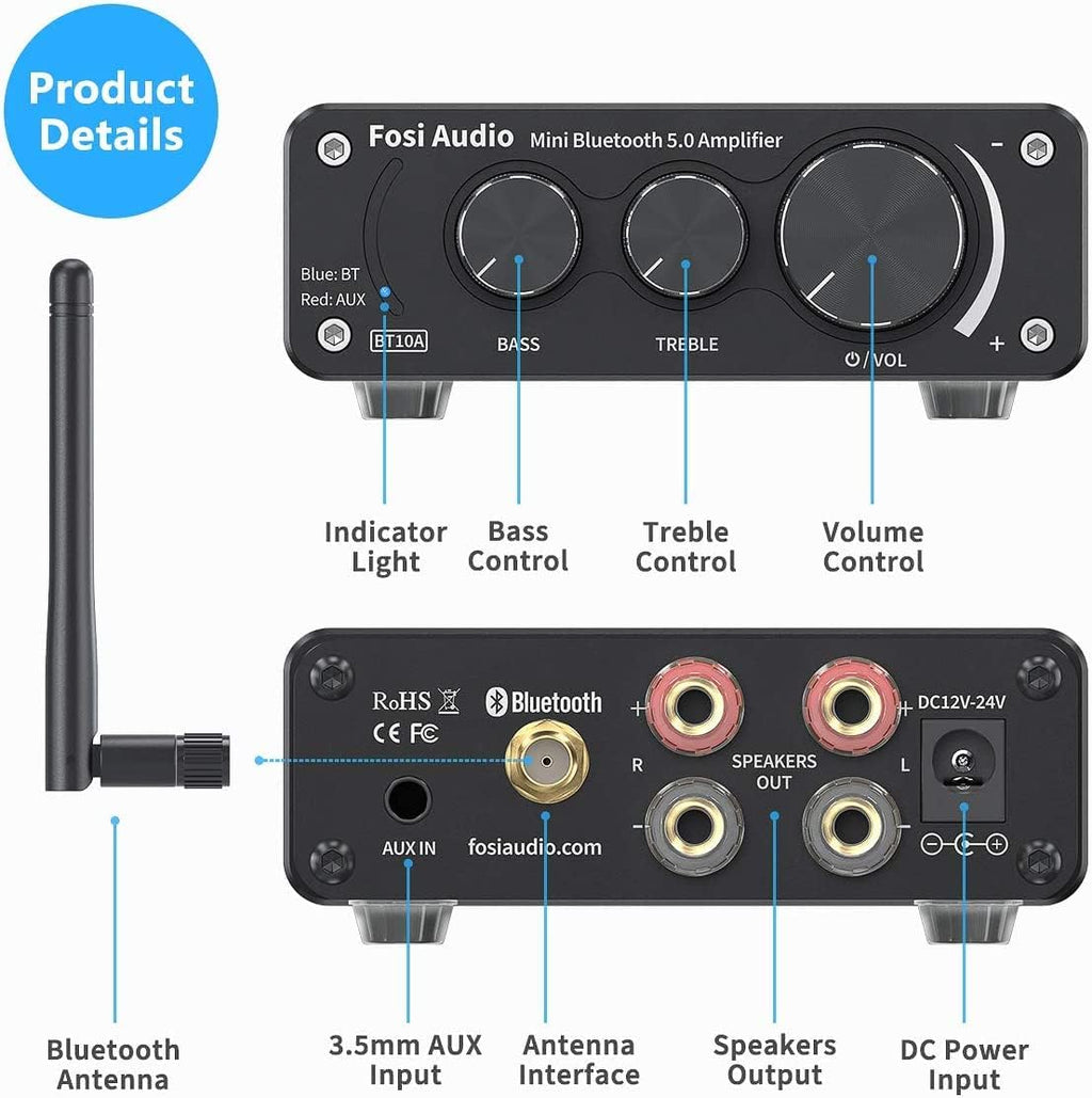 BT10A Bluetooth 5.0 Amplifier 100W 2.0 Channel Mini Stereo Audio Amplifier Receiver Class D Integrated Amp with Power Adapter Pack of 2 D25561