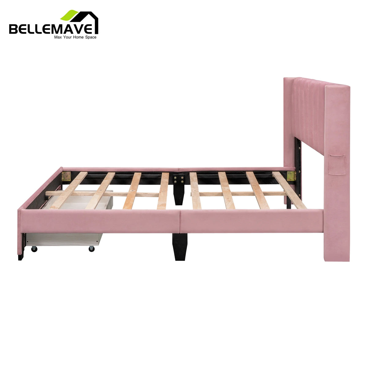 Queen Size Pink Velvet Upholstered Wood Platform Bed with Drawer W2935