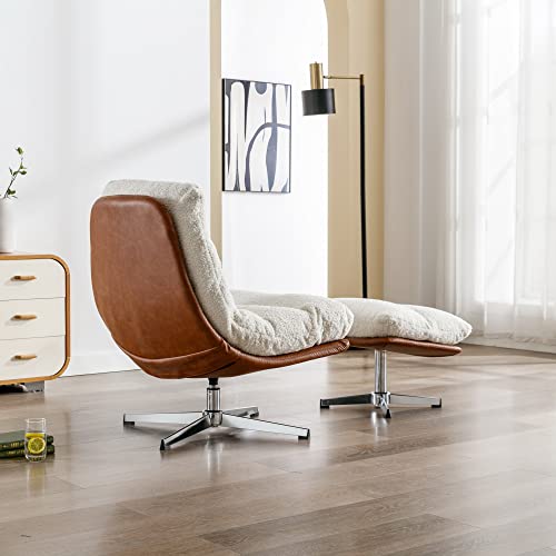Ivory Linen Oversized Swivel Lounge Chair with Ottoman Q576196