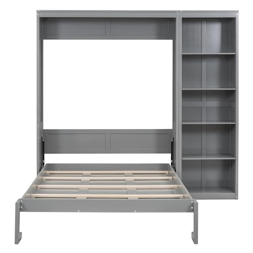 Full Murphy Bed with Storage Bookcase Shelves, Wood Folding Grey Wall Bed Cabinet Y6485