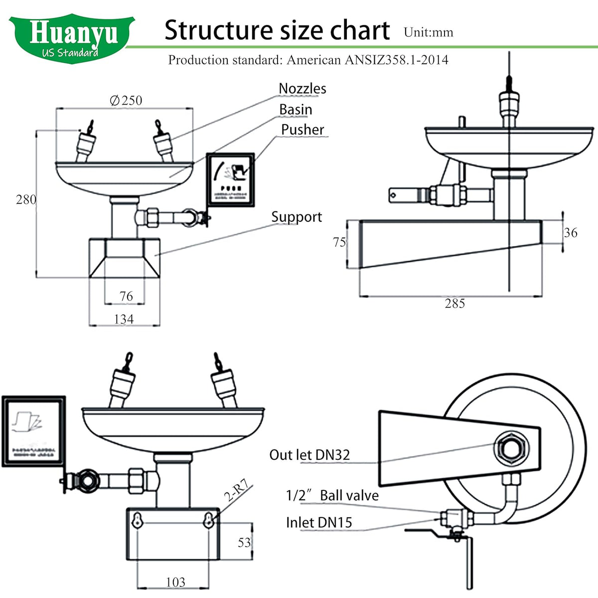 Eye Wash Station Wall Mount Stainless Steel Emergency Eyewash Station with Eye Wash Sign J1250