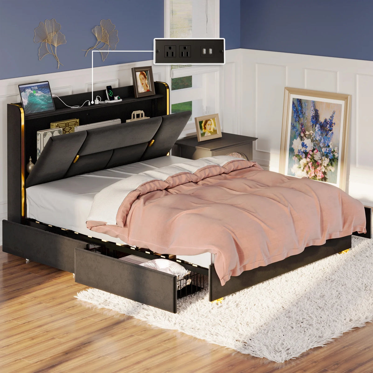 Queen Bed Frame with Storage Headboard and 4 Under-bed Drawers M2275