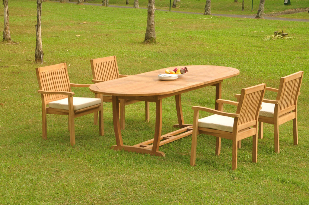 Grade-A Teak 5 Pc Dining Set with Oval Trestle Leg Table and 4 Stacking Arm Chairs V8191