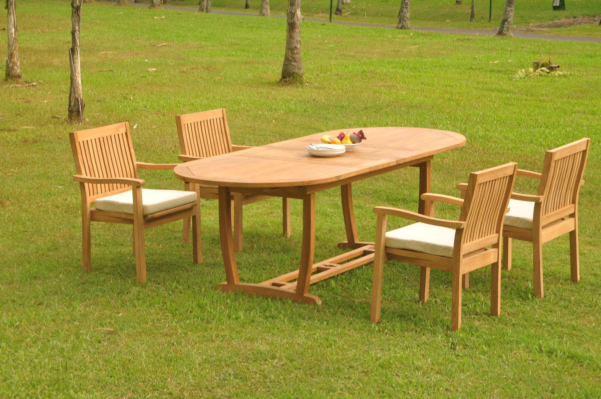 Grade-A Teak 5 Pc Dining Set with Oval Trestle Leg Table and 4 Stacking Arm Chairs V8191