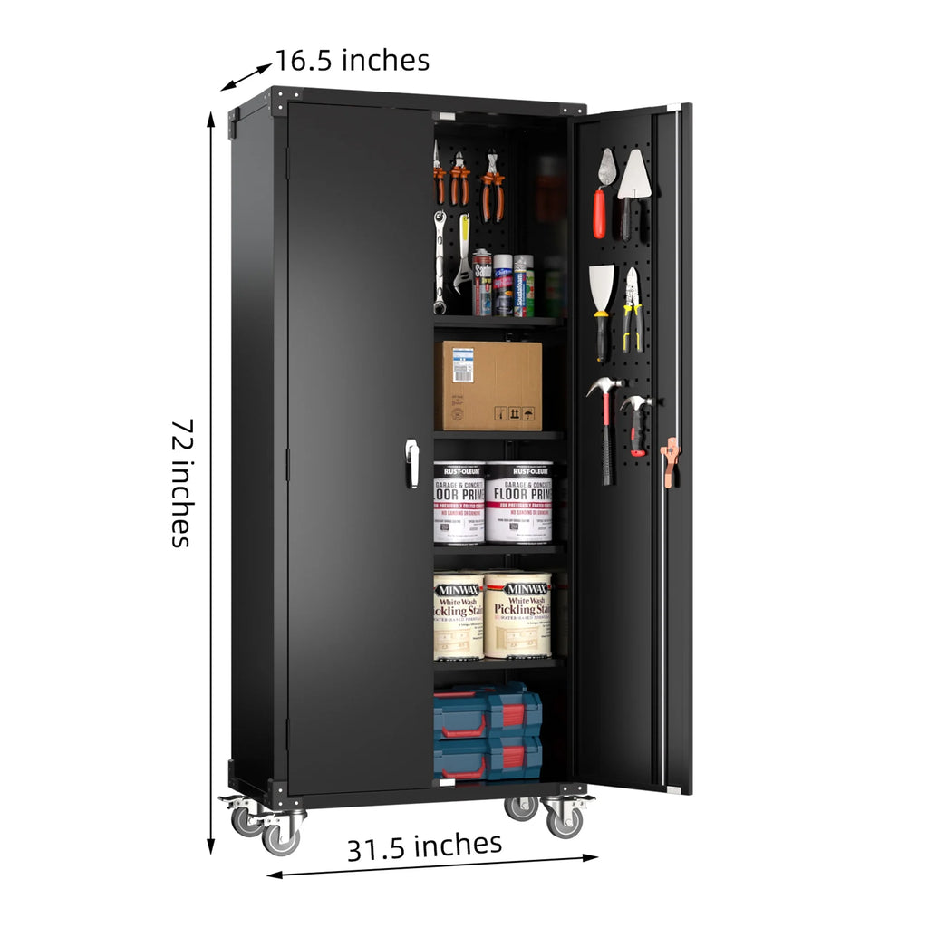 72” Locking Metal Garage Storage Cabinet with Wheels & Pegboards, Black V415