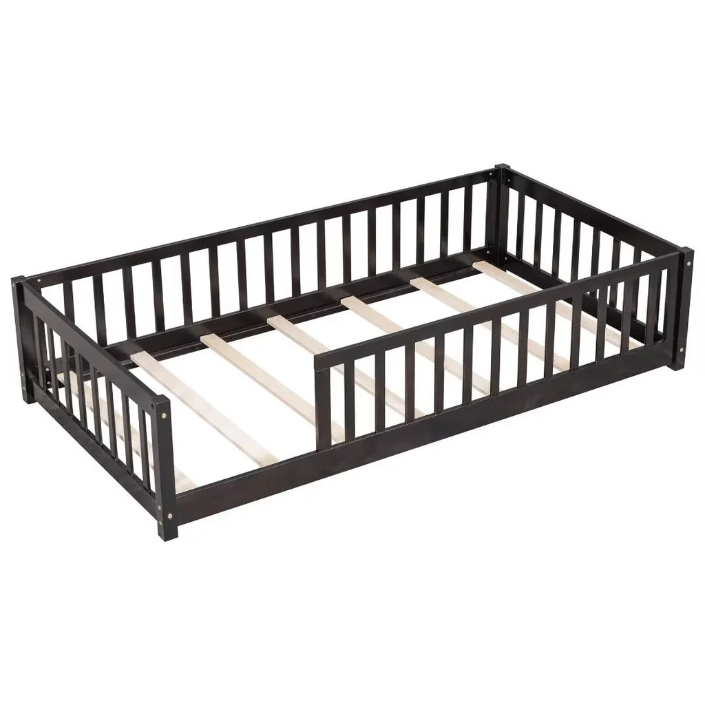 White Full Size Floor Bed with Fence Guardrails and Roof U987410