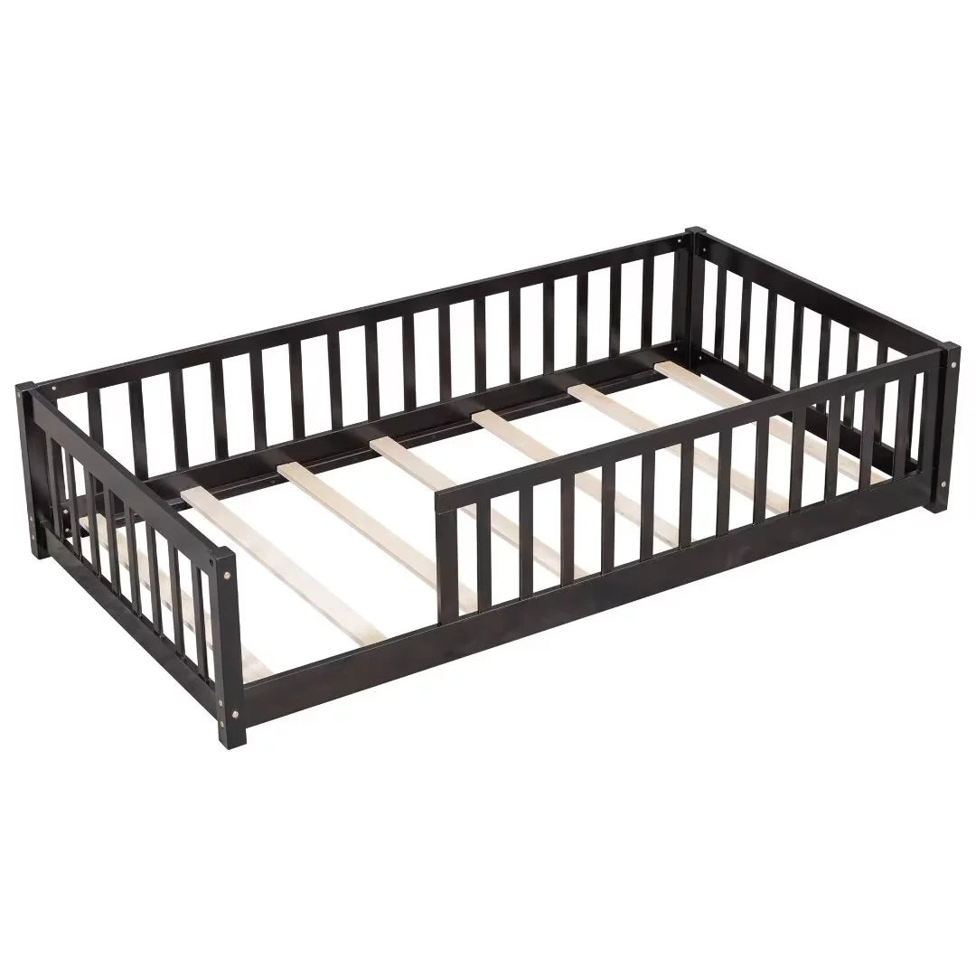 White Full Size Floor Bed with Fence Guardrails and Roof U987410