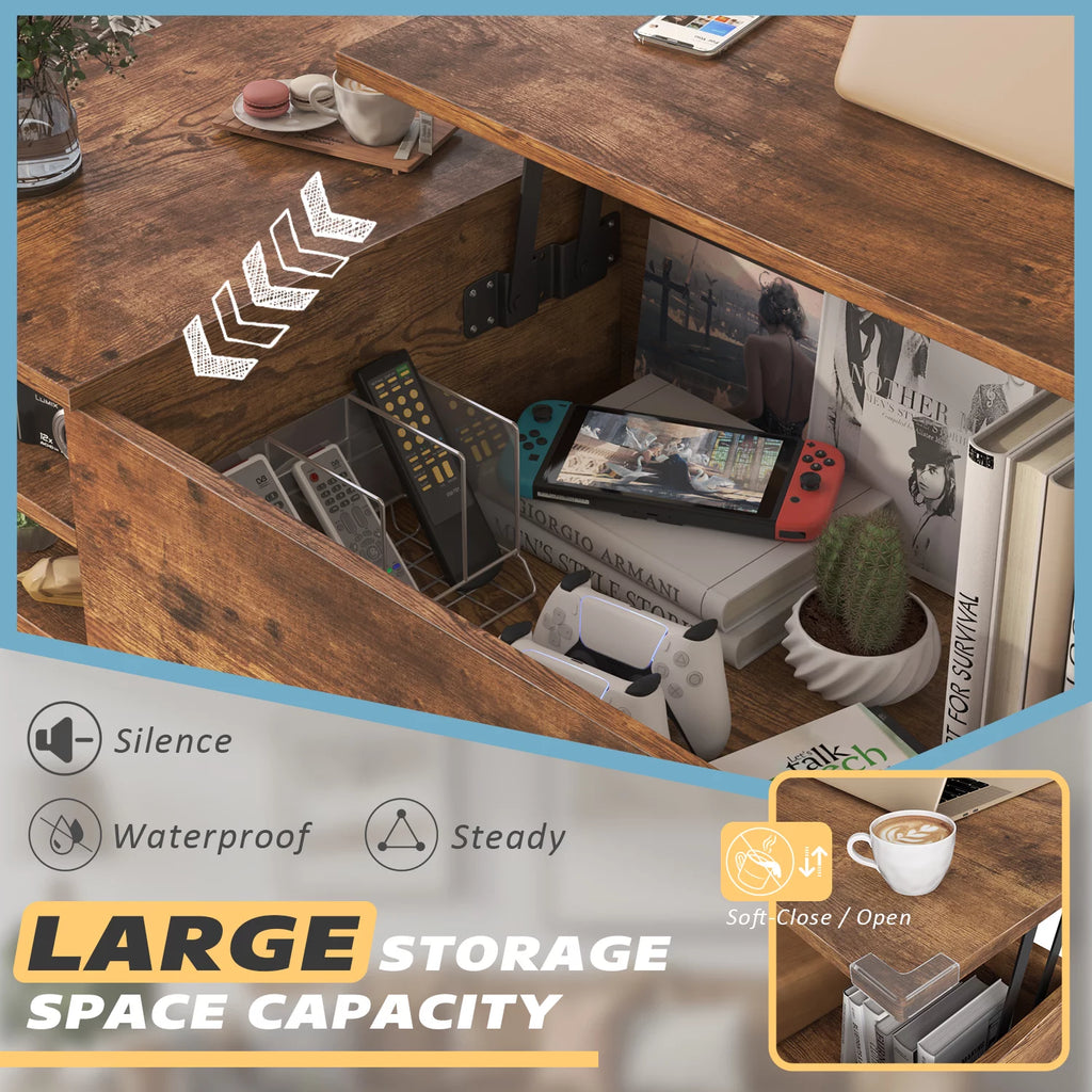 39-Inch Wood Lift Top Coffee Table with Hidden Compartment and Storage Shelf N595