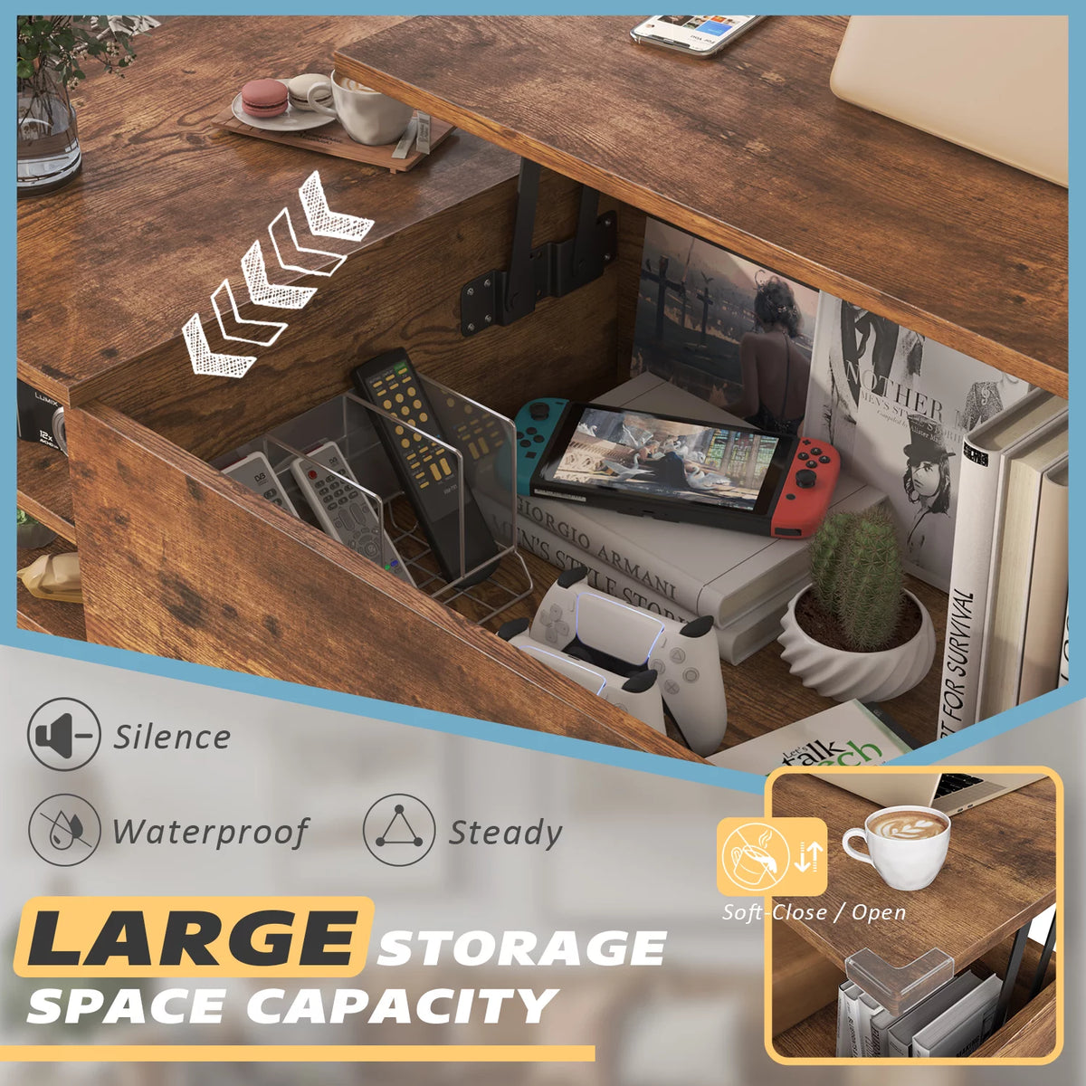39-Inch Wood Lift Top Coffee Table with Hidden Compartment and Storage Shelf N595