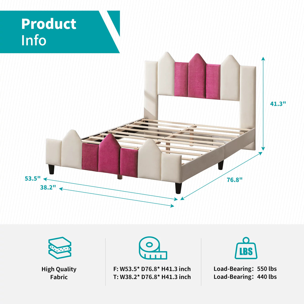 Pink and White Upholstered Twin Platform Bed Frame with Headboard B7733