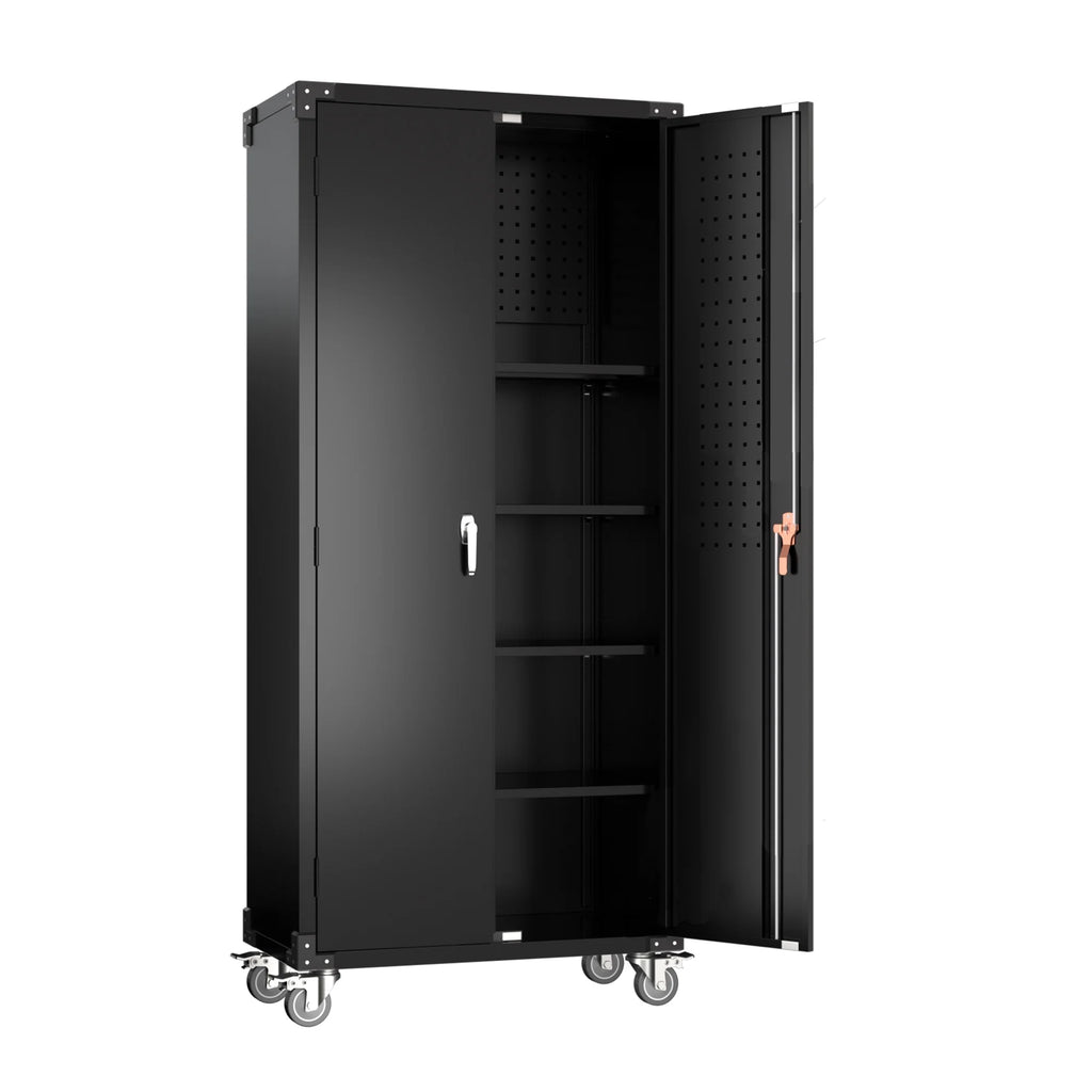 72” Locking Metal Garage Storage Cabinet with Wheels & Pegboards, Black V415