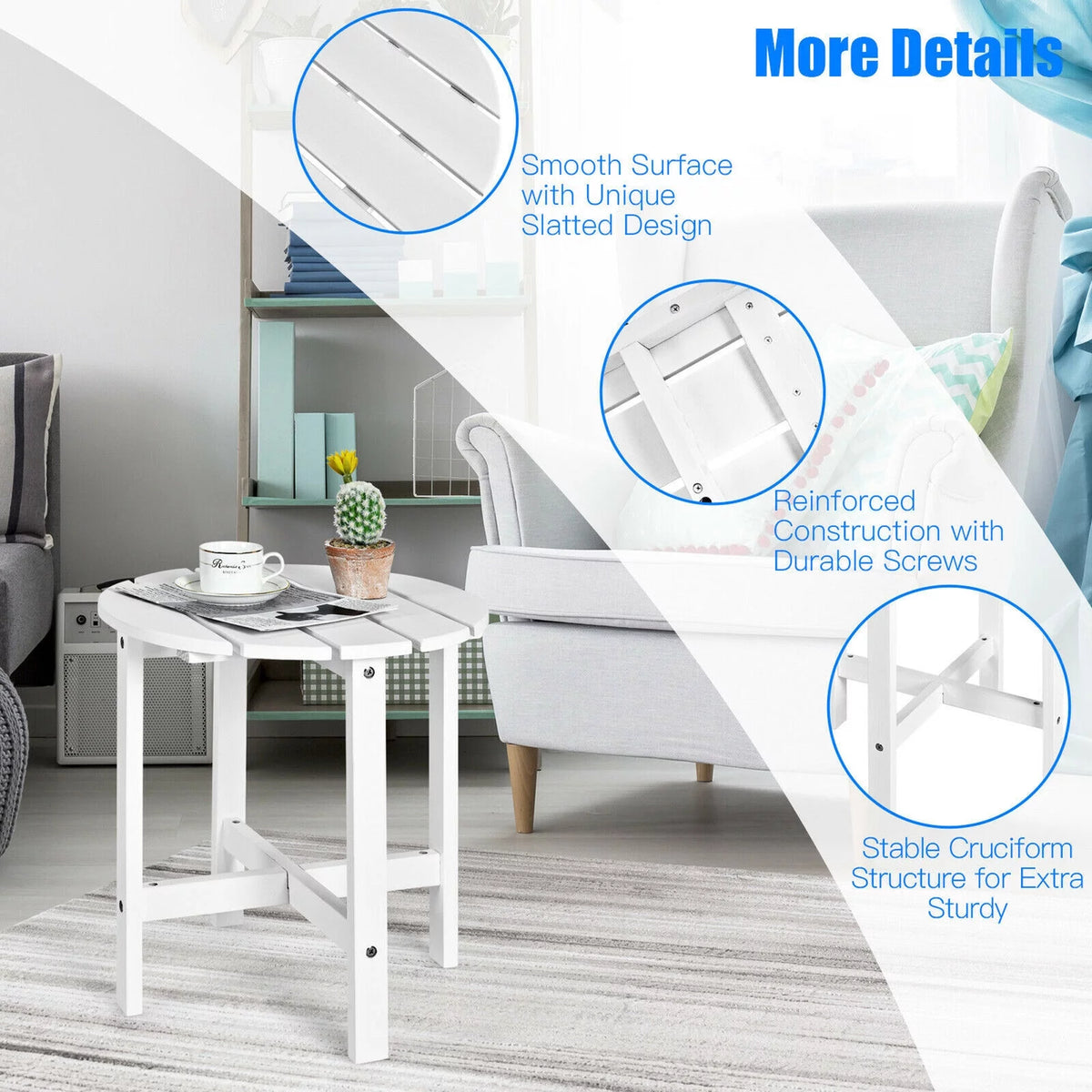 18" Round Wooden Slat Patio Side Table in White Y398