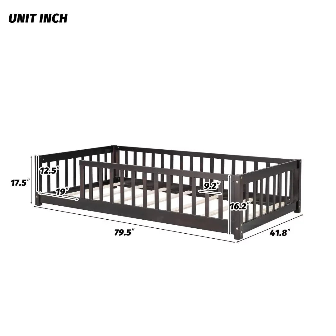White Full Size Floor Bed with Fence Guardrails and Roof U987410