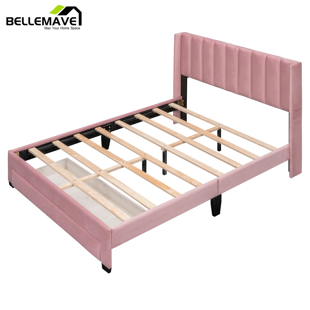 Queen Size Pink Velvet Upholstered Wood Platform Bed with Drawer W2935