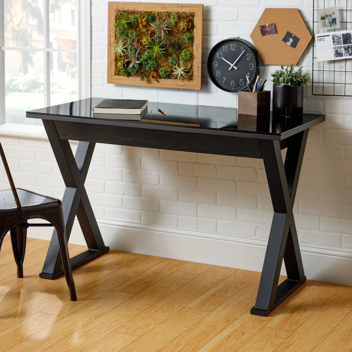 Black Glass Top Wood Computer Desk B12684