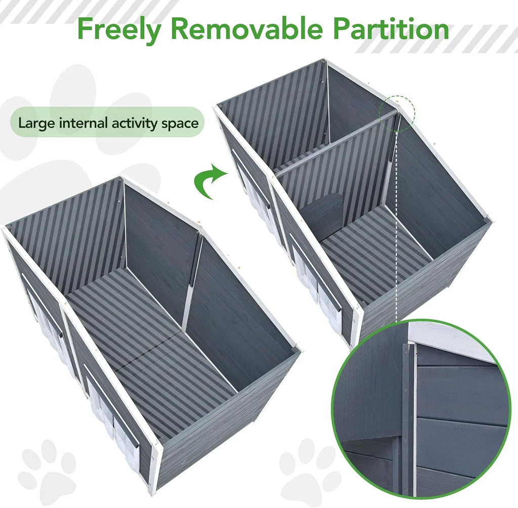 Gray Green Wooden Dog House with Porch 2 Doors I76606
