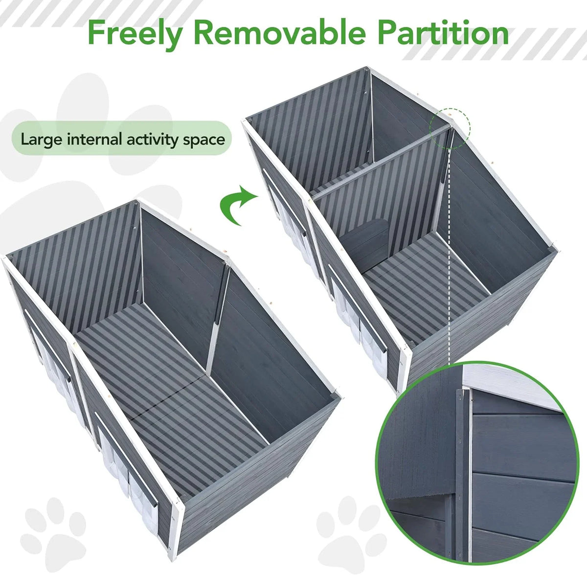 Gray Green Wooden Dog House with Porch 2 Doors I76606