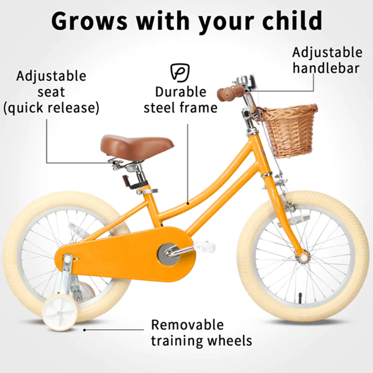 18 Inch Child Bicycle with Basket, Bell, & Training Wheels, Yellow O521062