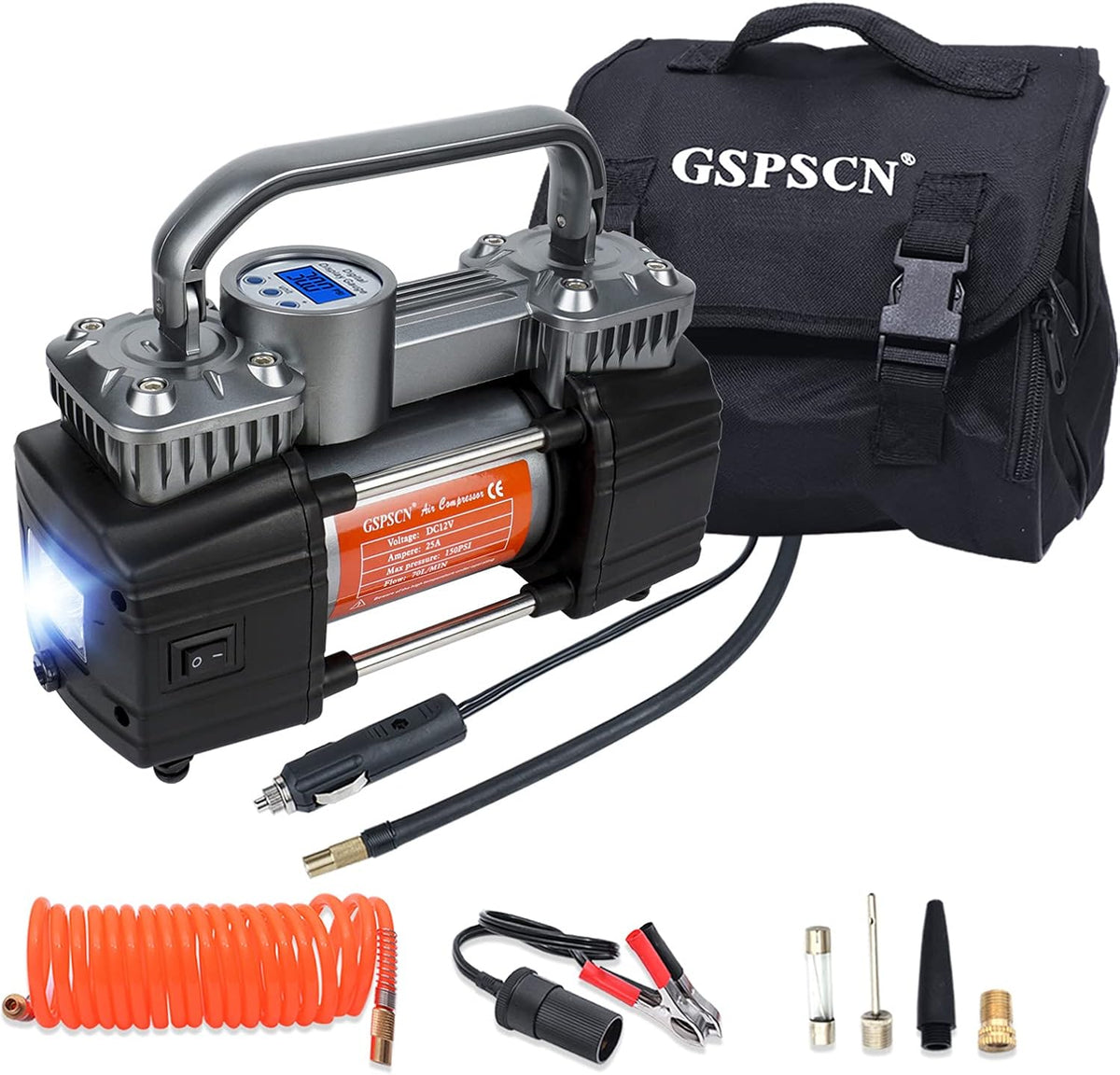 Portable Digital Car Tire Inflator 150Psi Auto Shut-Off Heavy Duty Double Cylinders 12V Air Compressor Pump with LED Light Y313