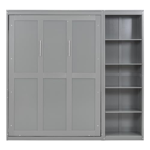Full Murphy Bed with Storage Bookcase Shelves, Wood Folding Grey Wall Bed Cabinet Y6485