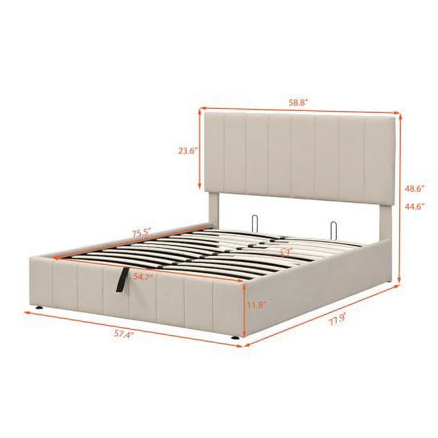 Full Size Hydraulic Storage Platform Bed with Upholstered Headboard, Beige D546