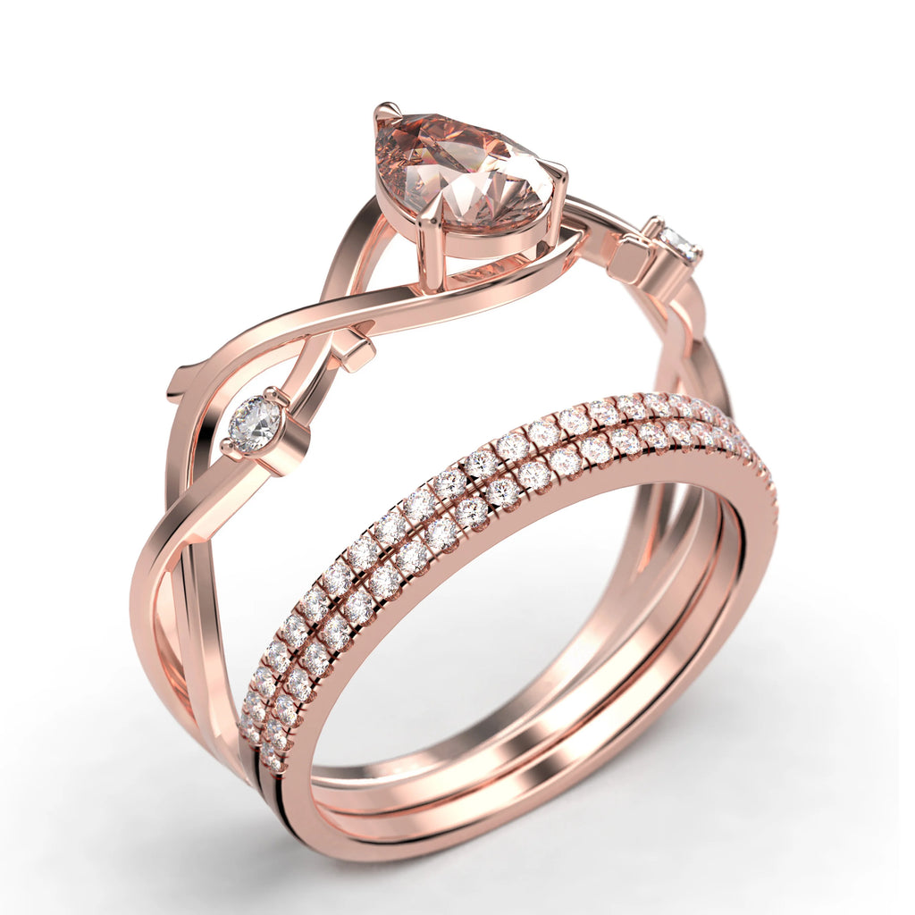 2.10 Carat Pear Cut Morganite And Diamond Moissanite Engagement Ring In 925 Sterling Silver With 18K Rose Gold Plating, Trio Ring Set U3796