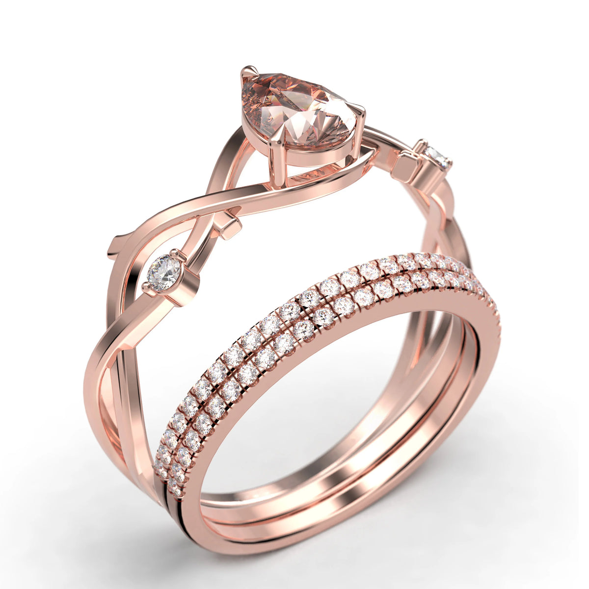 2.10 Carat Pear Cut Morganite And Diamond Moissanite Engagement Ring In 925 Sterling Silver With 18K Rose Gold Plating, Trio Ring Set U3796