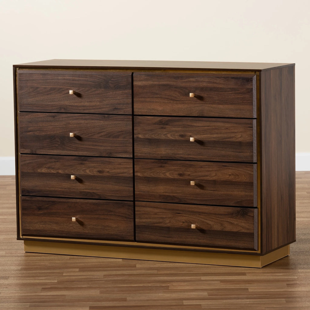 Walnut Brown Wood and Gold Metal 8-Drawer Dresser J803