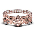 2.10 Carat Pear Cut Morganite And Diamond Moissanite Engagement Ring In 925 Sterling Silver With 18K Rose Gold Plating, Trio Ring Set U3796