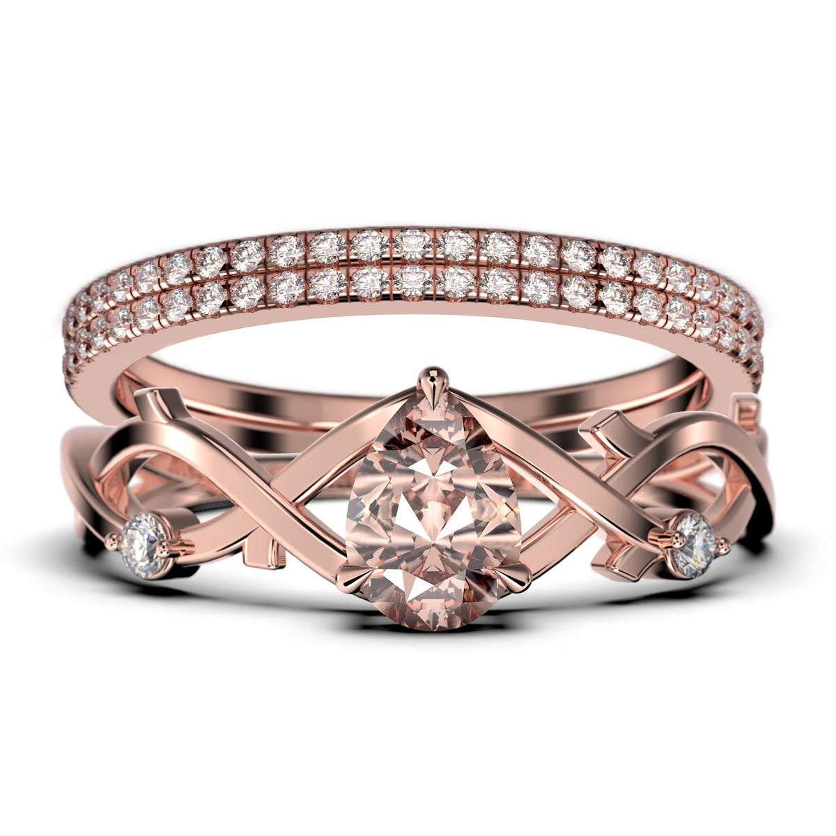 2.10 Carat Pear Cut Morganite And Diamond Moissanite Engagement Ring In 925 Sterling Silver With 18K Rose Gold Plating, Trio Ring Set U3796