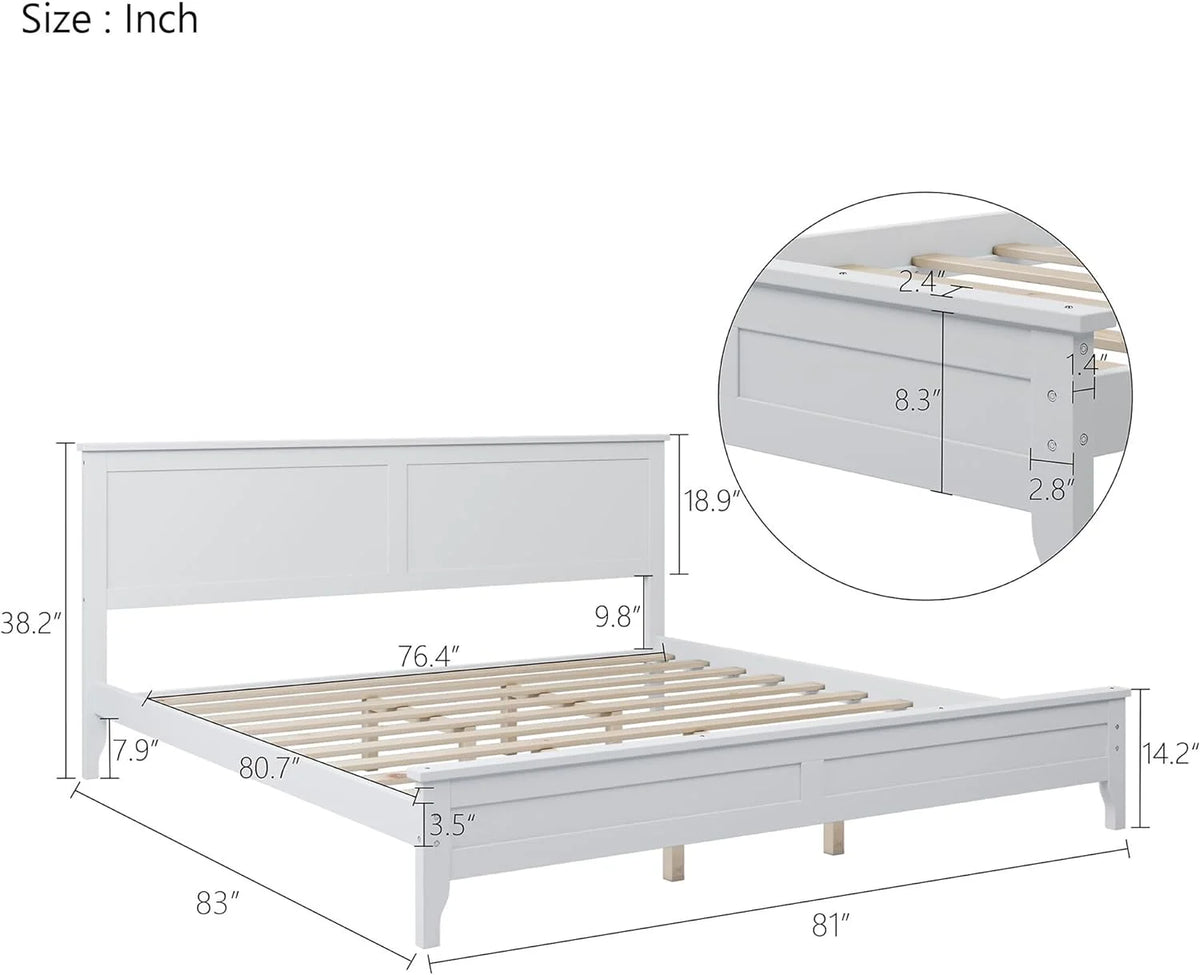 King Size White Wooden Platform Bed with Headboard I916531